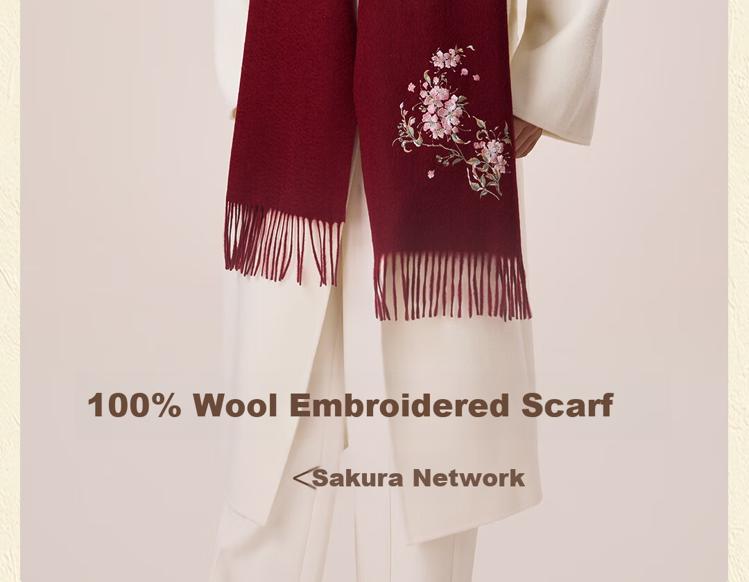 Shanghai Story 100% Wool Scarf Cherry Blossom Embroidery Women's Red Scarf Gift Box for Elders Mom Birthday Mother's Day Gift 2