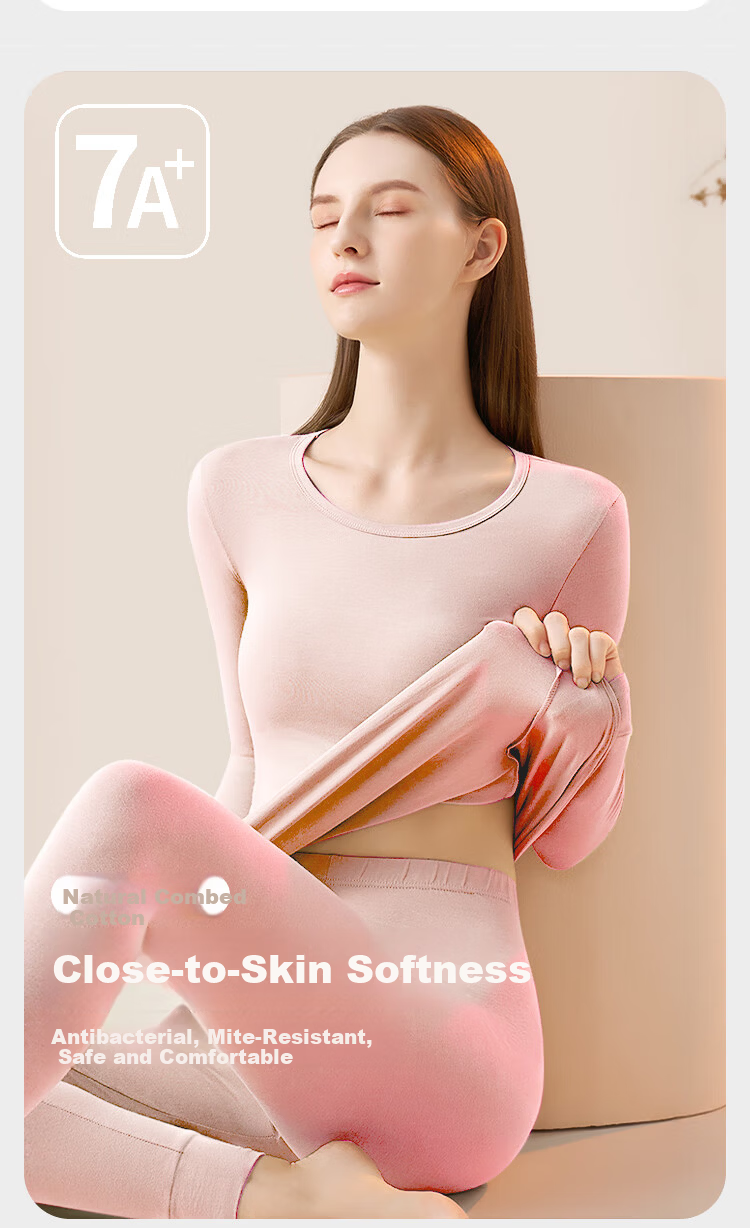 Urban Beauty [100% Cotton] Women's Thermal Underwear Pure Cotton Autumn Top and Bottom Antibacterial Crew Neck Lightweight Base Layer Set 2