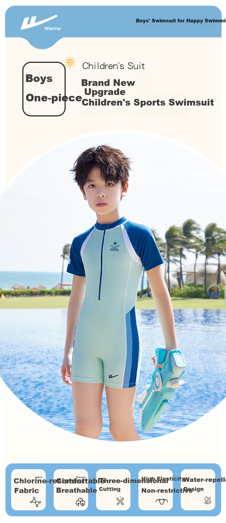 Warrior New Kids Boys Professional Training One-Piece Swimsuit Large Children 36242H2K Blue Size 145 2