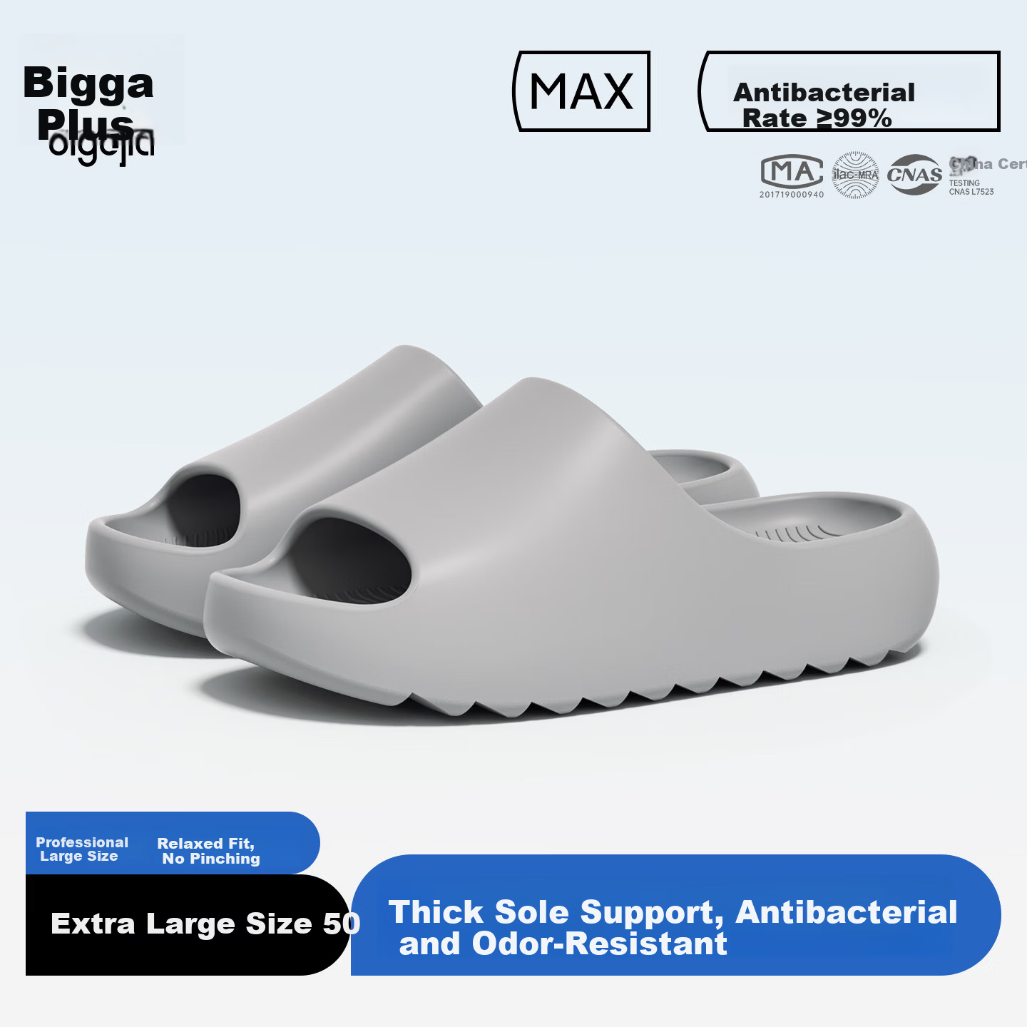 Biggator Plus Size Men's Non-Slip Indoor EVA Bathroom Shower Slippers 4849 Extra Wide Thick Sole Gray Size 46-47