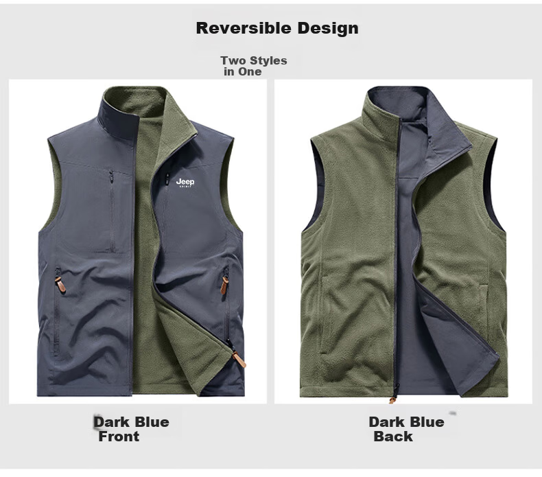 JEEP SPIRIT Men's Autumn Winter Sleeveless Vest Loose Multi-Pocket Warm Reversible Jacket Black 4XL 4