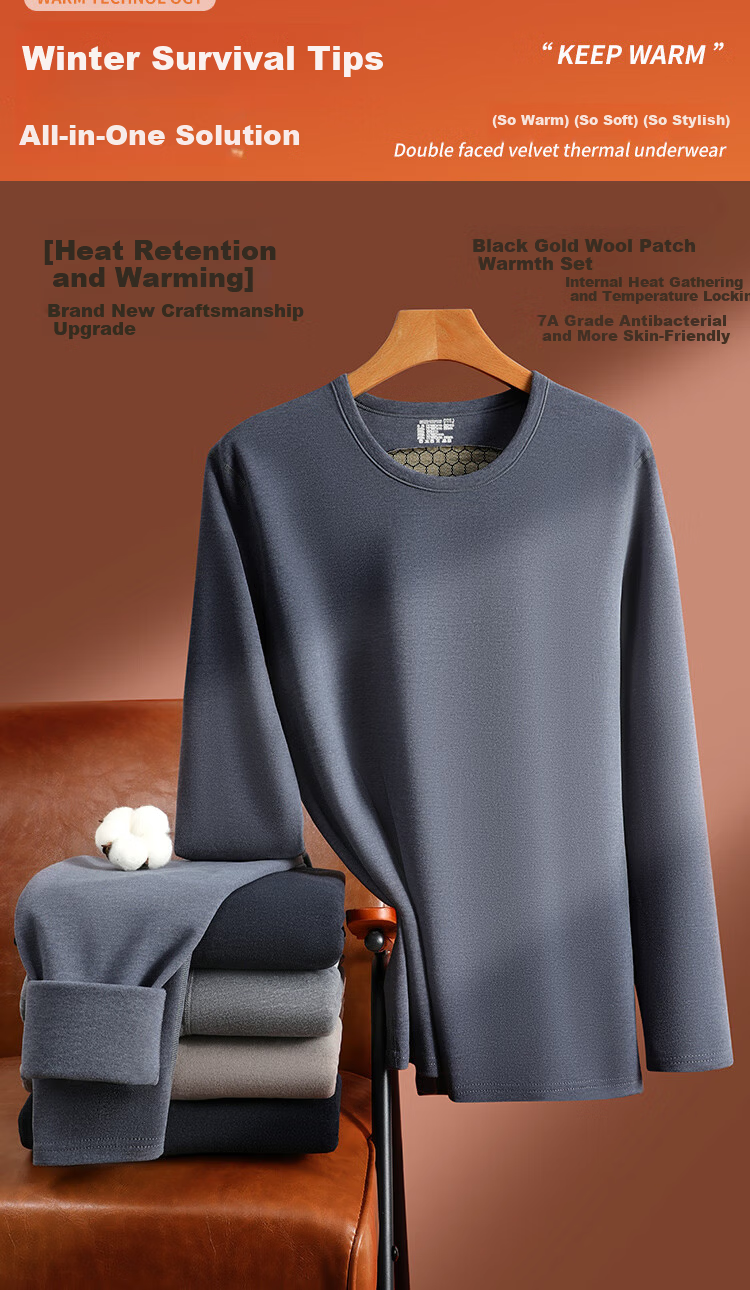Modal Thermal Underwear for Men 100% Wool Black Gold Heating Patch Fleece Lined Thickened Men's Autumn Shirt and Pants Set 2