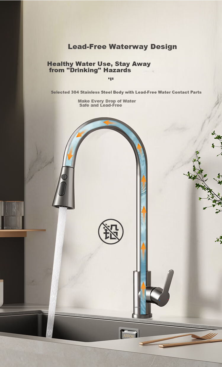 ARROW Kitchen Faucet Gunmetal Gray Dual Control Pull-Out Stainless Steel Sink Faucet 6