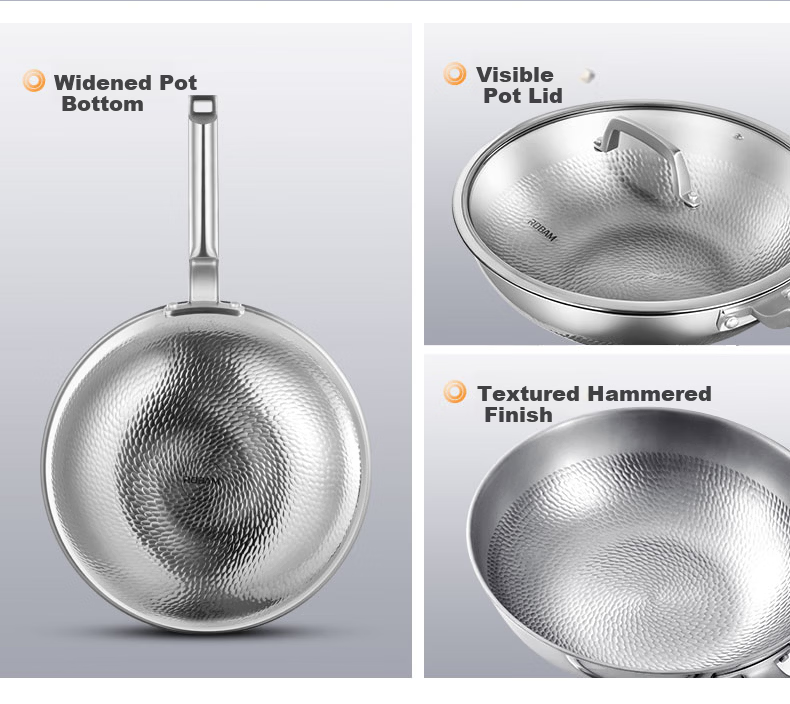 Robam Titanium Frying Pan Pure Titanium Non-Stick Coating-Free Wok Hammered Texture Low Oil Smoke Pan Compatible with Gas and Induction Cookers 32cm 18