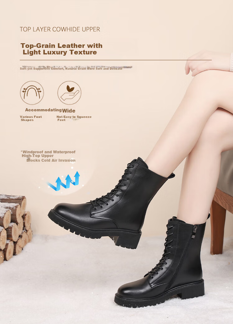 Red Dragonfly Women's Martin Boots Winter Warm Fleece Lined Short Boots Versatile Cowhide High-top Women's Boots WTC454831 Black Size 38 3