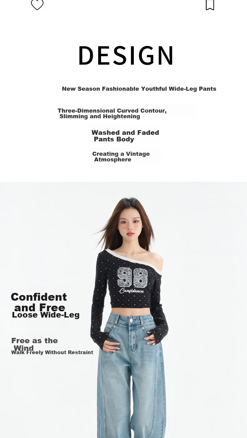 LangSha Vintage Wide-Leg Jeans for Women, Spring Style, Light Blue Patchwork Design, High-Waisted Straight-Leg Draping Floor-Length Pants 3