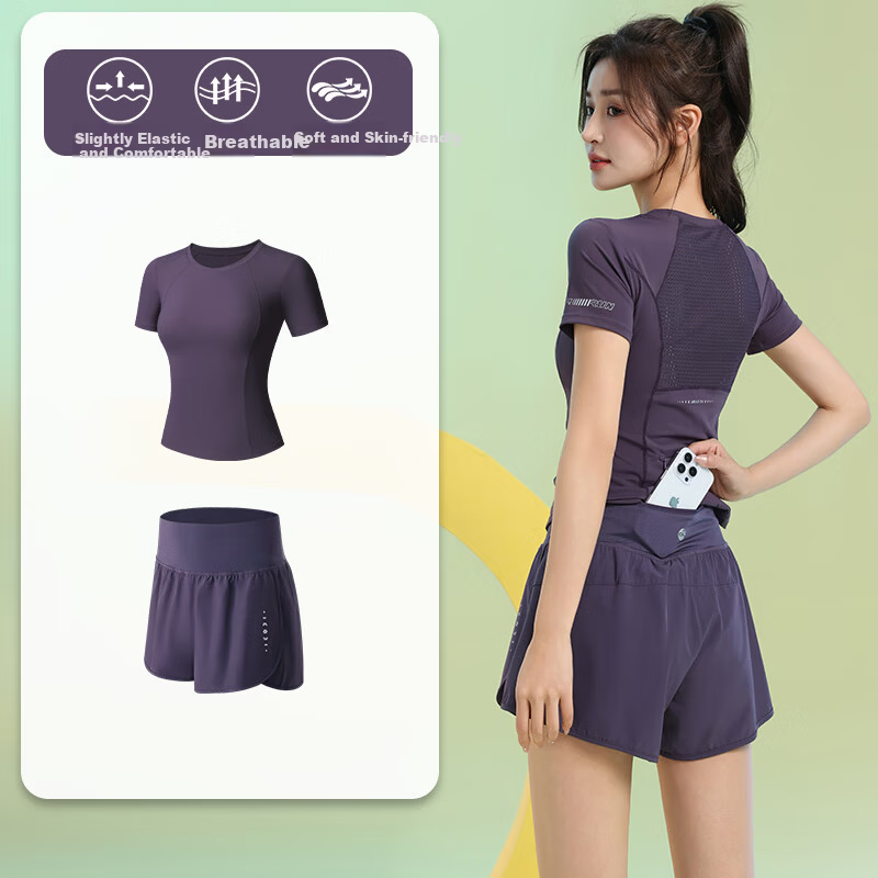Baisirong Professional Marathon Running Set for Women Short Sleeve Outdoor Morning Run Fitness Yoga Quick-Dry Sports Training Wear