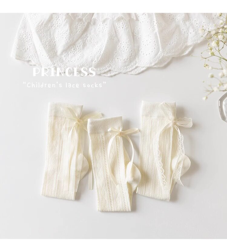 Yuzhaolin 3 Pairs Girls' Long Tube Socks Summer Thin Children's Socks Bowknot Princess Calf Socks Mid-Tube Ruffled Socks for Girls 8