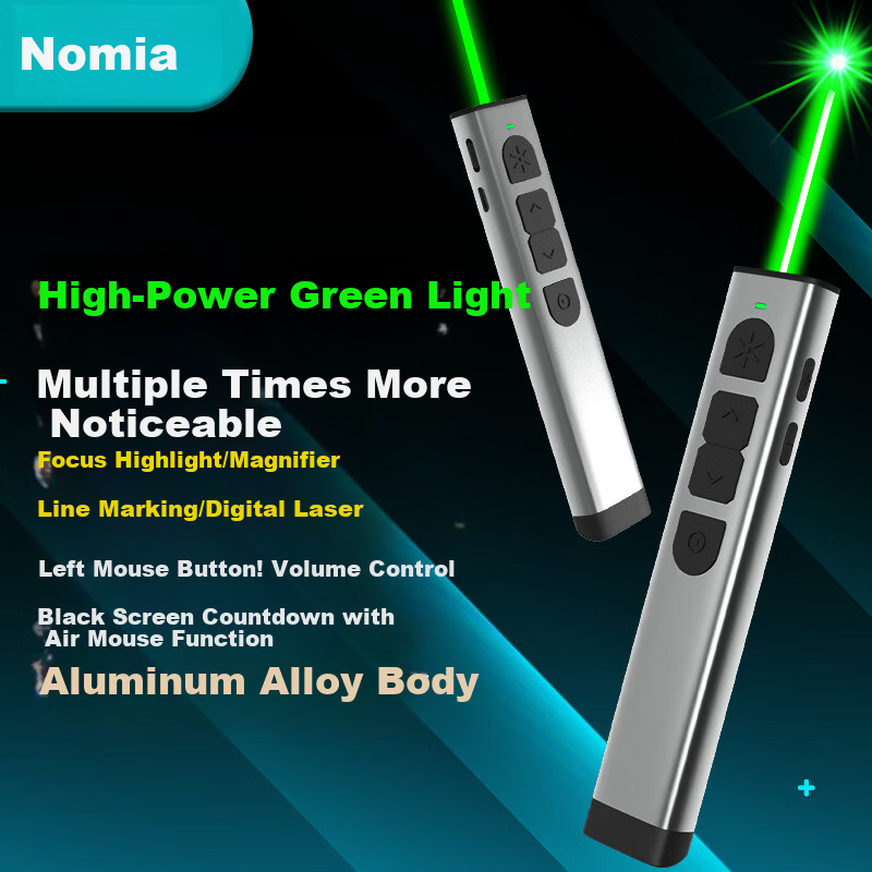 Nomia X8 Metal Body High Power Green Laser Pointer LED LCD TV Compatible Multifunctional Presentation Remote Teacher Focus Magnifier Integrated Remote Air Mouse Drawing Pen