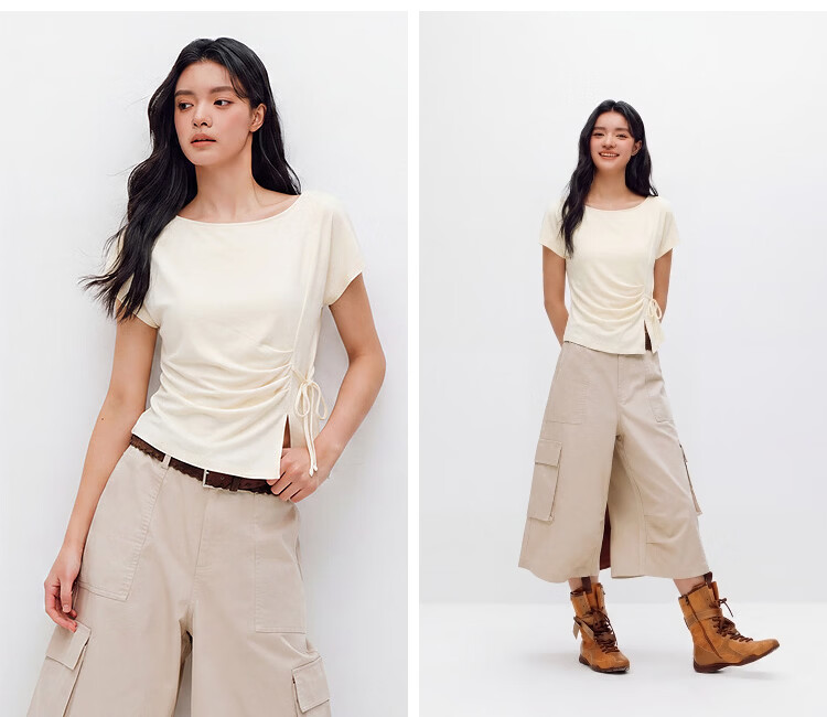 Semir Women's Summer T-Shirt Off-Shoulder Ruched Tie Slim Split Design 2026 101326100072 9