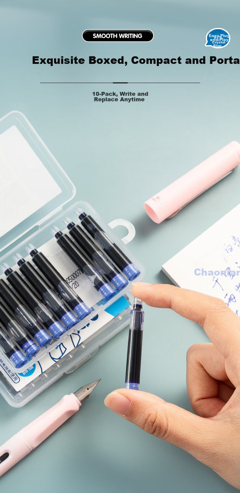 M&G Stationery Fountain Pen Ink Cartridges Refillable Disposable Ink Cartridges Easy to Insert and Replace 10-Pack Crystal Blue 3