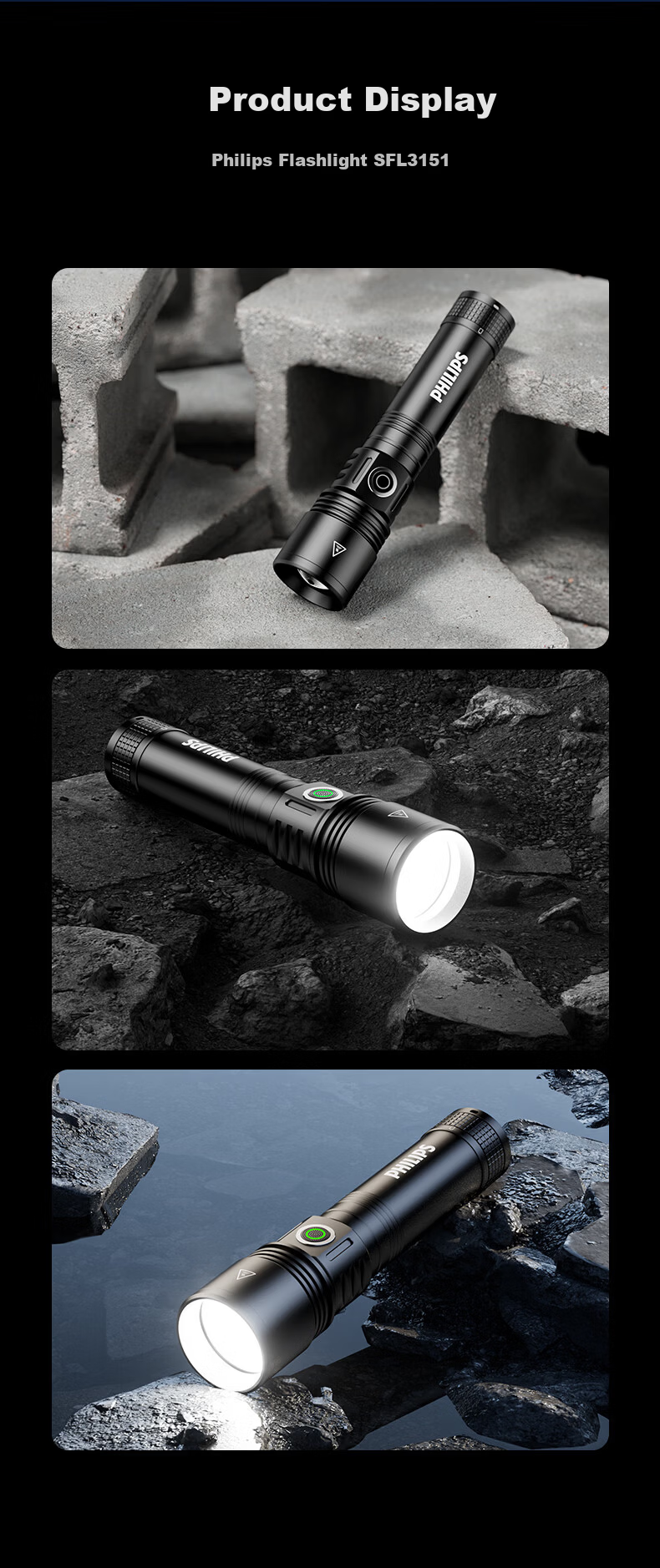 PHILIPS Portable High-Power Flashlight Military-Grade Long Battery Life 200000 Lumens Home Emergency Rechargeable Patrol Outdoor 3151 13