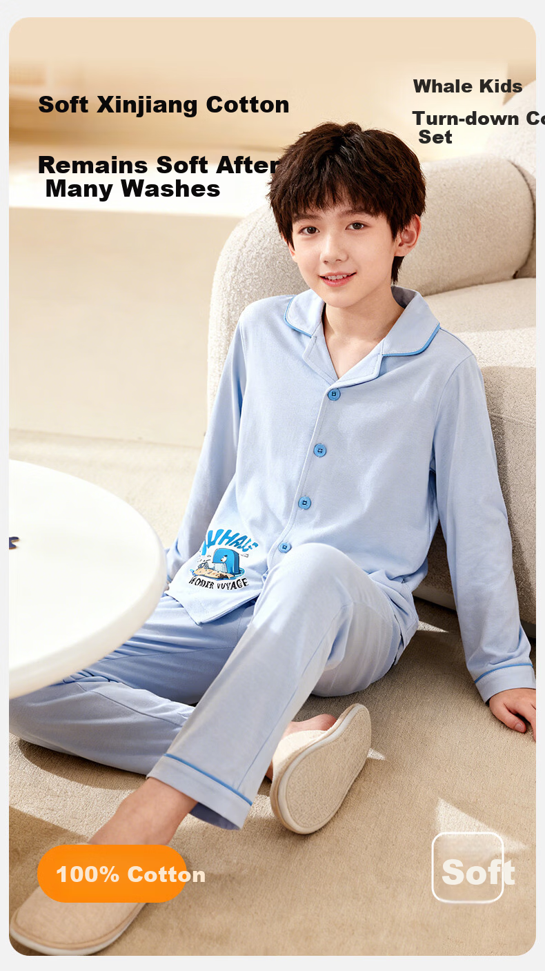Dingguagua Children's Pajama Set, Spring And Summer Long-Sleeve Pure Cotton Boys' Loungewear, Class A Breathable, Blue, Size 130 1