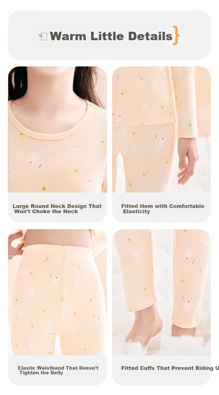 Hodohome Kids Girls Cotton Antibacterial Thin Thermal Underwear Set 7A Round Neck Printed Warm Pajamas 108 150 15