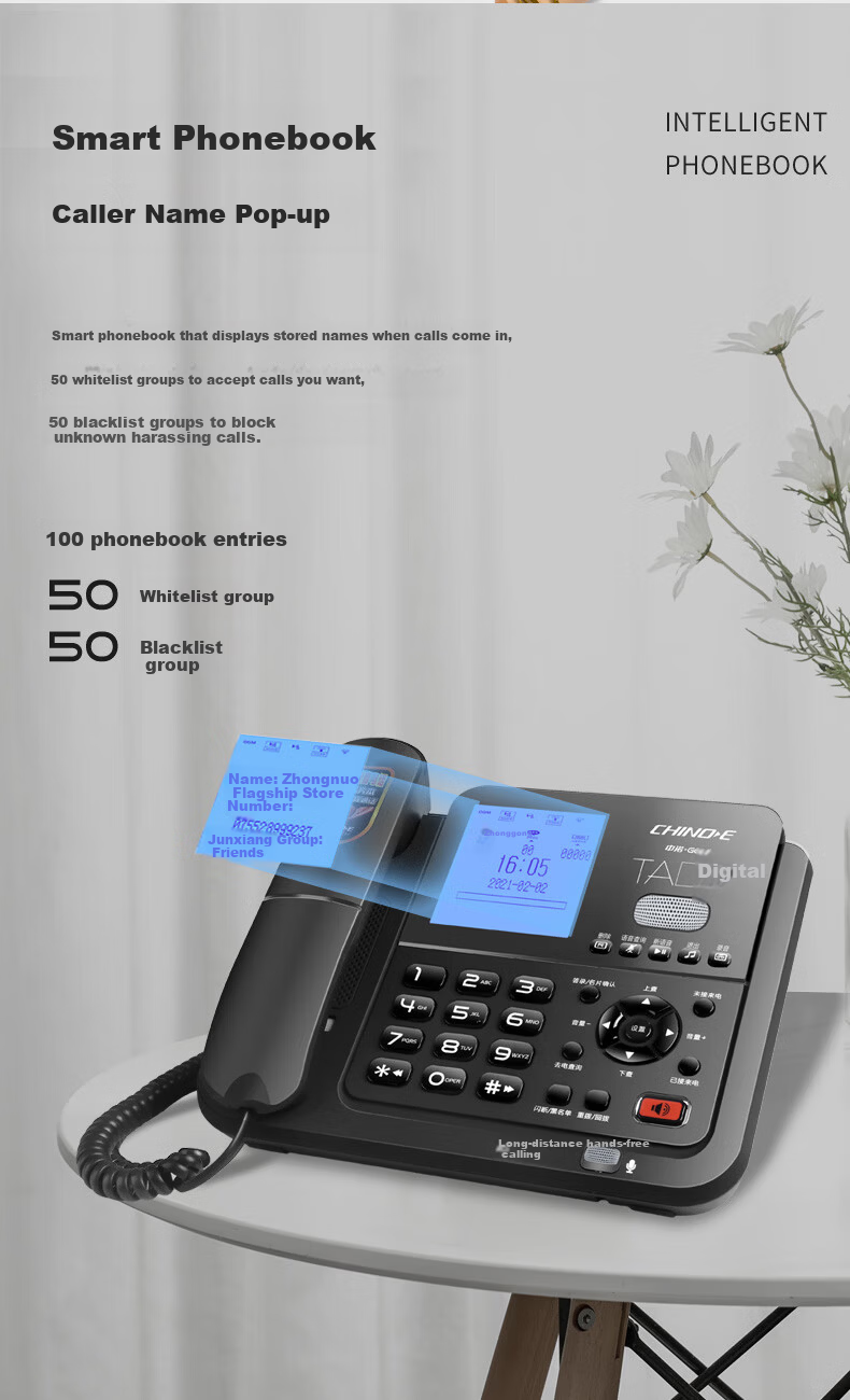 CHINO-E Recording Telephone Loop Recording 4400 Hours Phonebook One-Key Dialing Fixed Desk Phone Office Home Password Protection Computer Management G076A Black 64G Version 9