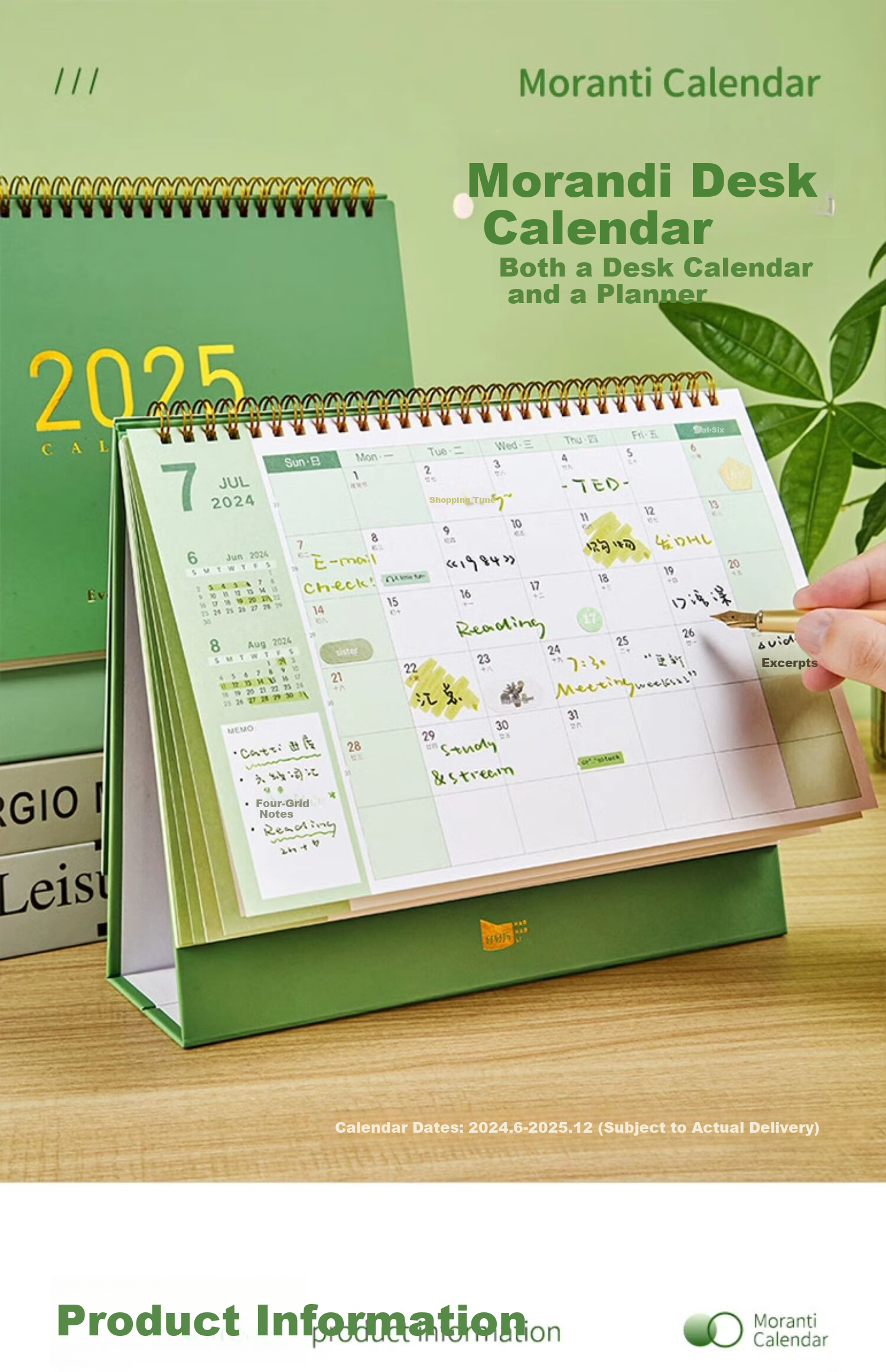 Sannianerban Morandi 2025 Desk Calendar, Desktop Ornament, 2026 Calendar, Self-Discipline Check-In Book, Diary, Wall Clock, Monthly Calendar, Looking Forward to The Future, Medium Size (Olive Green) 1