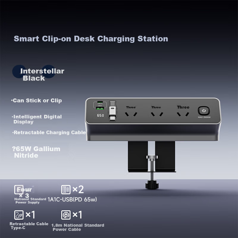 Comfort Desktop Pop-up Power Strip with Digital Display, No-drill Adhesive Clamp Extension Socket for Home, Dormitory, Office Desk Organizer