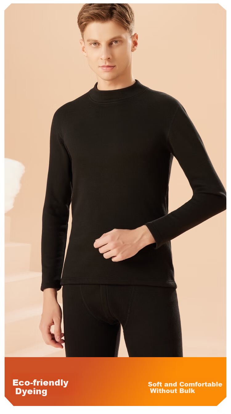MiiOW Combed Cotton Mid-Neck Men's Thermal Underwear Set, Fleece-Lined Thickened Autumn Shirt and Pants, Men's Cotton Cold-Resistant Warm Set 19