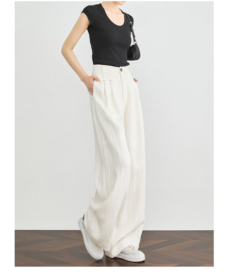 FAESSLIN Urban Old Money Style White Linen Summer Slim Wide-Leg Casual Pants for Women 28