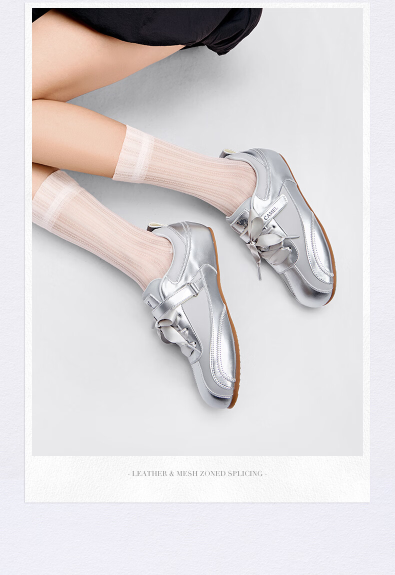CAMEL Ribbon Thin Sole Derby Shoes Women Retro Casual Ballet Style Sneakers L26A255054 Silver Size 40 15