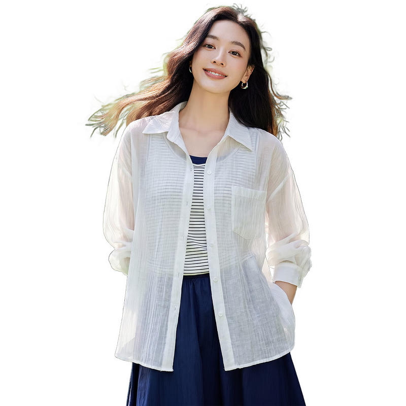 Chushen Thin Long-Sleeve Shirt for Women, Loose-Fitting Versatile See-Through Vacation Casual Jacket Top S144C2684 White L