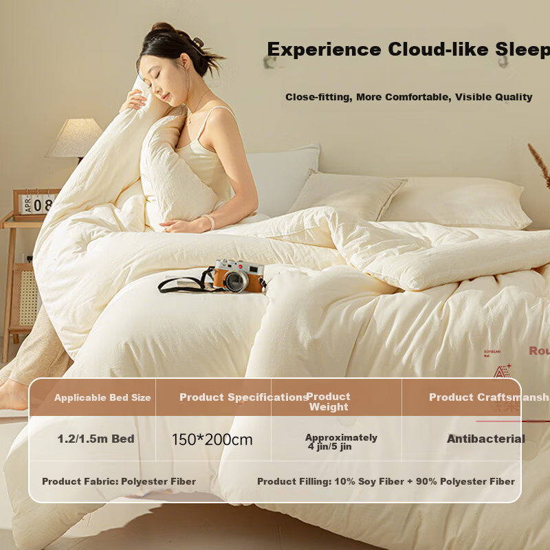Wuyinliangpin Antibacterial Soybean Fiber Quilt, Spring And Autumn Comforter, All-Season Duvet, Single Bed Dormitory Quilt, 5 Jin (2.5 Kg), 150*200cm, Milk White