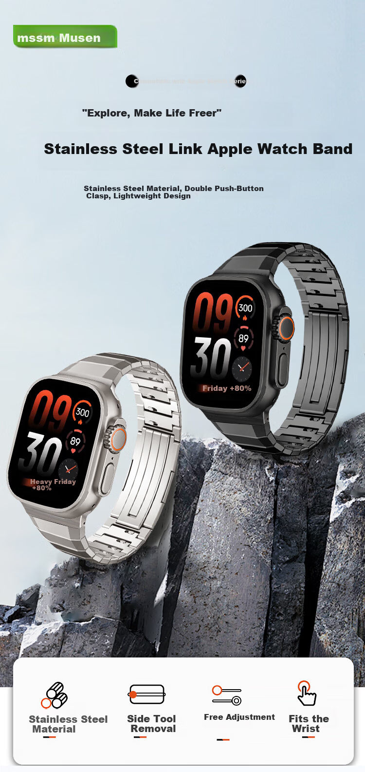 MSSM Metal Apple Watch Band Compatible with iWatch S11/Ultra3/S10/9/SE3 Quick Release Steel Strap for Men - Graphite Black 49/46/45/44MM 1