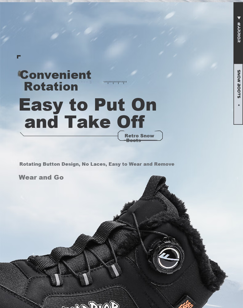 Warrior Men's Snow Boots 2025 Winter New Warm Fleece Thickened Cotton Shoes Black Size 39 6