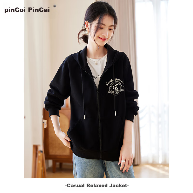 PinCai Women's Hoodie Jacket Solid Color Dog Print Casual Zip-up Sweatshirt P141F2734