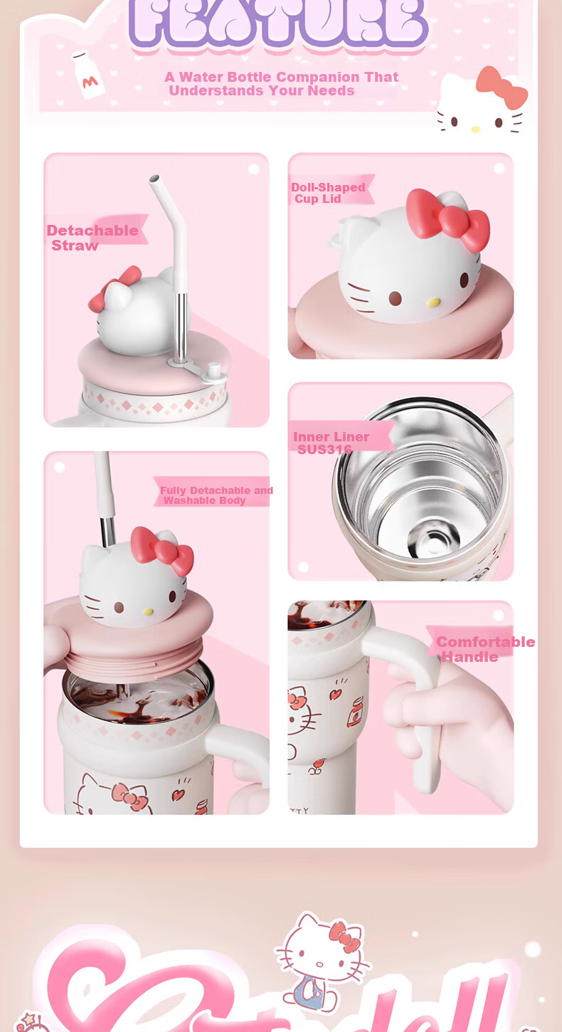 MINISO Sanrio Hello Kitty Insulated Tumbler with Plush Doll, Large Capacity 700ml Travel Mug for Home and Office 3