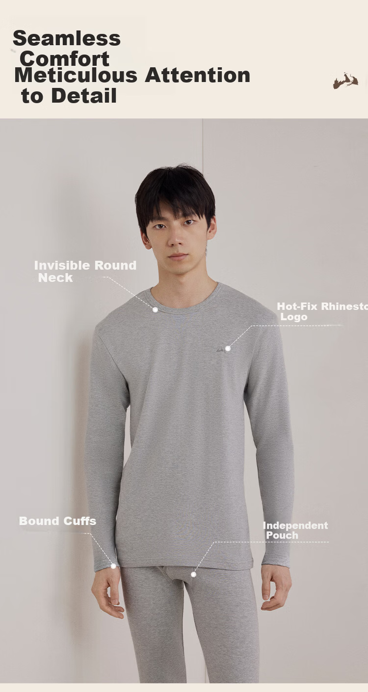 HLA【Mountain Not High】Men's Autumn Thermal Underwear Set Round Neck Class A 210g Pure Cotton Antibacterial Mite-Resistant Thin Warm Innerwear 10