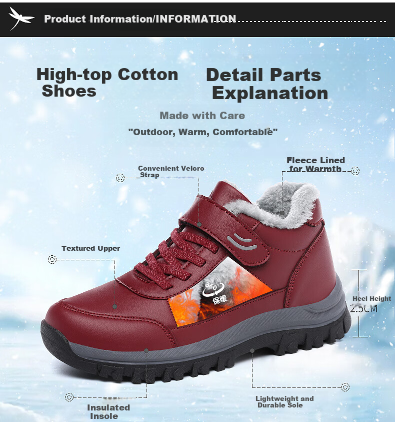 RED DRAGONFLY Women's Winter Fleece Lined Warm Elderly Shoes Thickened Fur Cotton Boots Middle-aged and Elderly Mom Cotton Shoes WXC430451 4