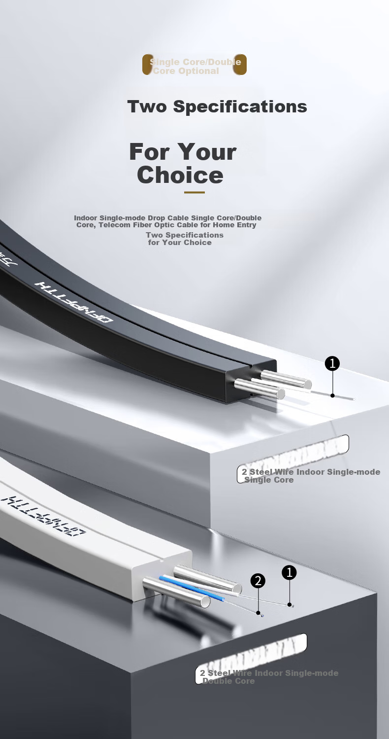 10,000-Level Fiber Optic Drop Cable Telecom Grade FTTR Fiber to the Home Indoor Butterfly Single-Mode Single-Core 1-Core 2 Steel Wire Optical Cable White 50m 2-19211 9