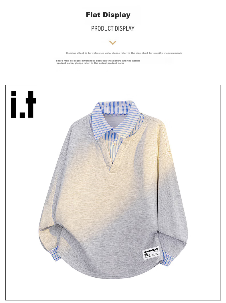 :CHOCOOLATE IT Shirt Collar Fake Two-Piece Sweatshirt Men Autumn New Loose Long Sleeve Polo T-Shirt Trend Light Gray XL 6