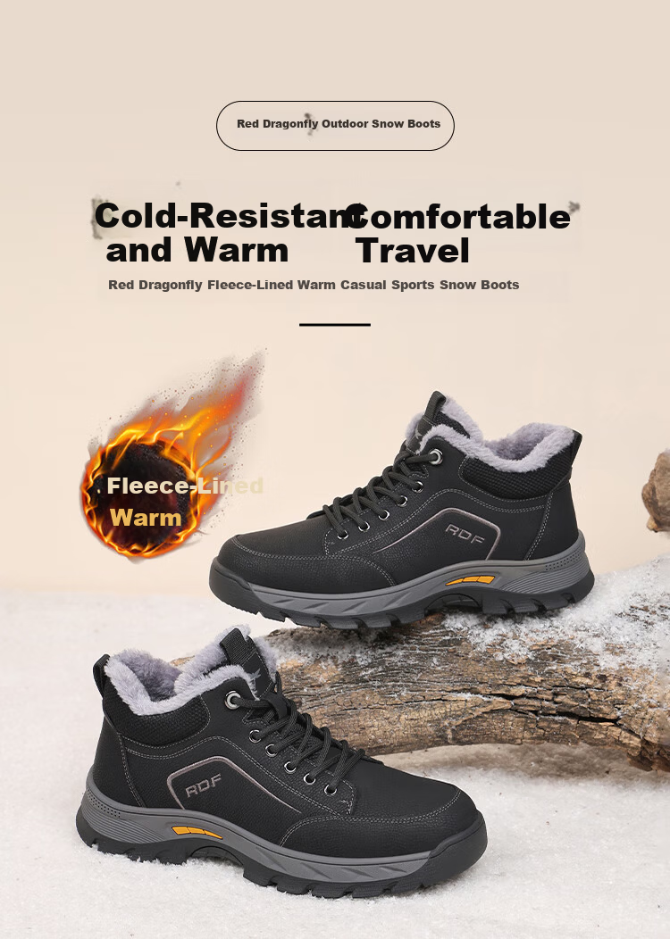 Red Dragonfly Men's Winter Snow Boots Fleece Lined Warm Cotton Shoes Non-Slip Fashion Middle-Aged Dad Cotton Shoes EXD451271 Black Gray Size 43 1