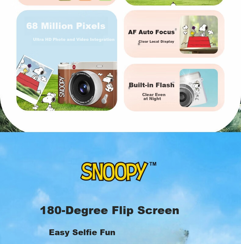 Black Cat Diary Snoopy SN15 Collaboration HD Digital Camera CCD Flip Rotating Retro Student Campus Mini Camera Entry-Level Cute Kids Card Camera Instant Gift 1