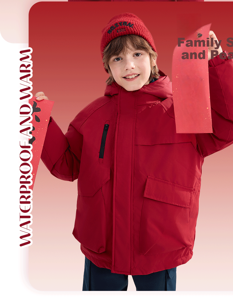 Baleno Kids Winter 2025 New Thickened Fleece Lined Waterproof Cotton Jacket Red Boys Girls Outerwear 10