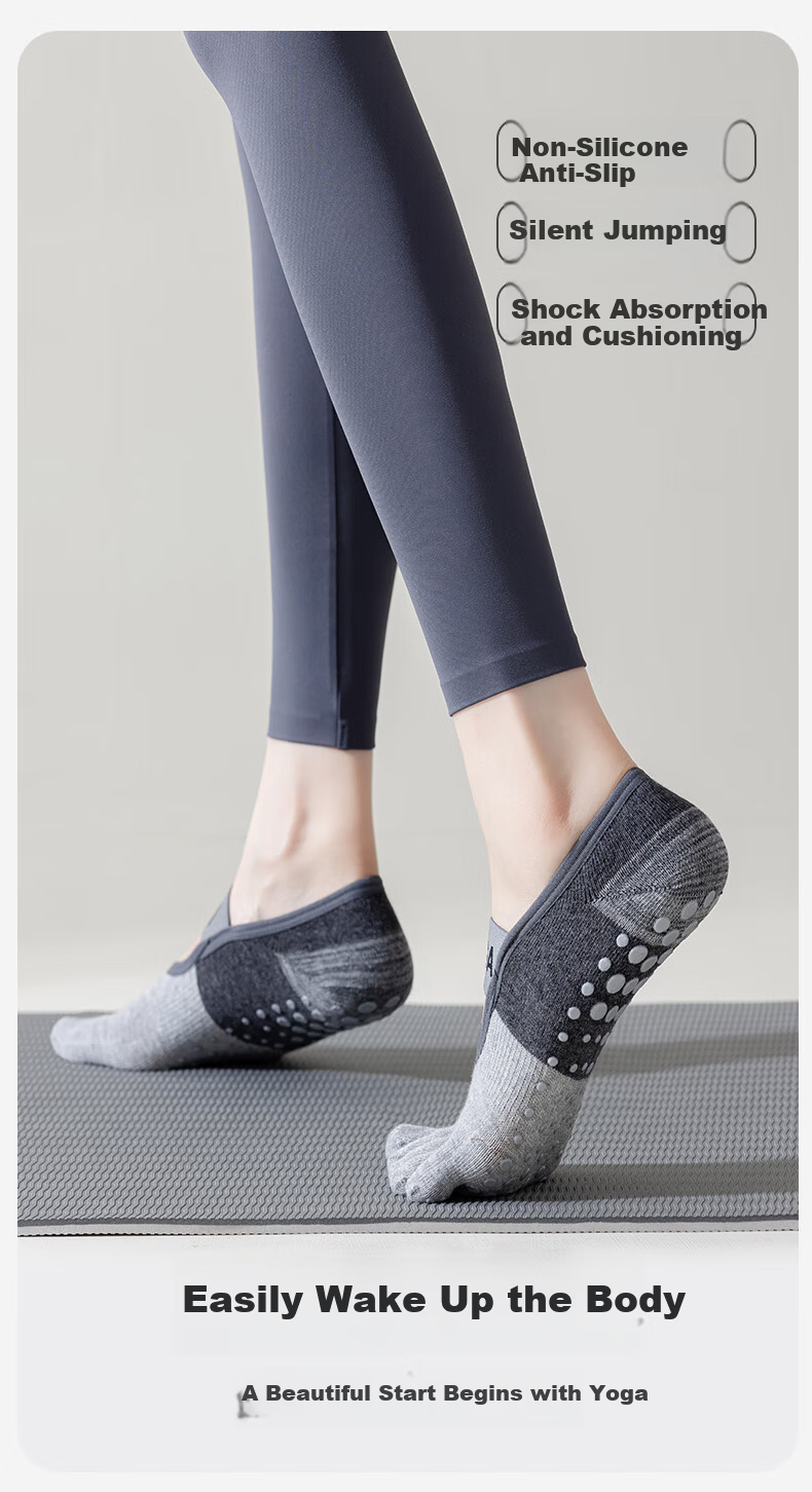 Keerluoke Yoga Socks for Women, Professional Non-Slip Pilates Indoor Exercise Aerobics Dance Fitness Five-Toe Socks, 2 Pairs Black + Pink 4