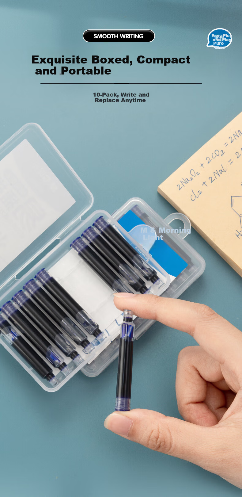 M&G Stationery Fountain Pen Ink Cartridges Refillable Ink Cartridges Disposable Fountain Pen Ink Refills Easy to Insert and Replace 10-Pack Pure Blue 4
