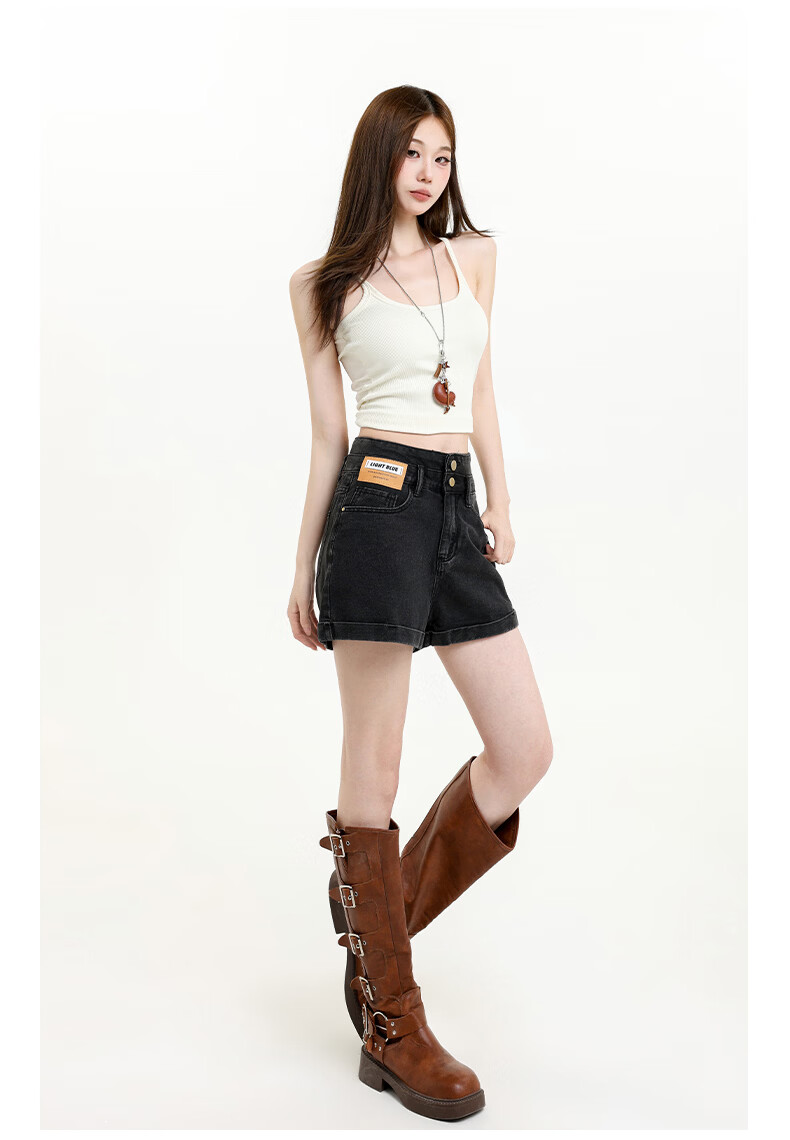 Jeanswest Women's Summer 2026 High-Waist Loose Slimming Wide-Leg A-Line Black Gray Denim Shorts S 15