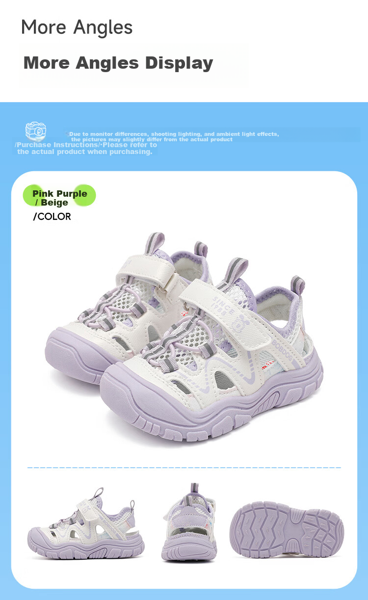 BOBDOG Kids Girls Summer Sandals Toddler Closed-Toe Beach Shoes Versatile Children's Shoes 104362017 Pink Purple/Beige Size 26 6
