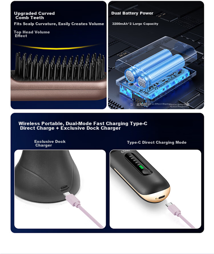 GUGE [567 Million Negative Ions] German Wireless Hair Straightening Brush Dual-Use Negative Ion Straightening and Curling Comb High Volume Hair Clip Flat Iron Mother's Day Gift 4