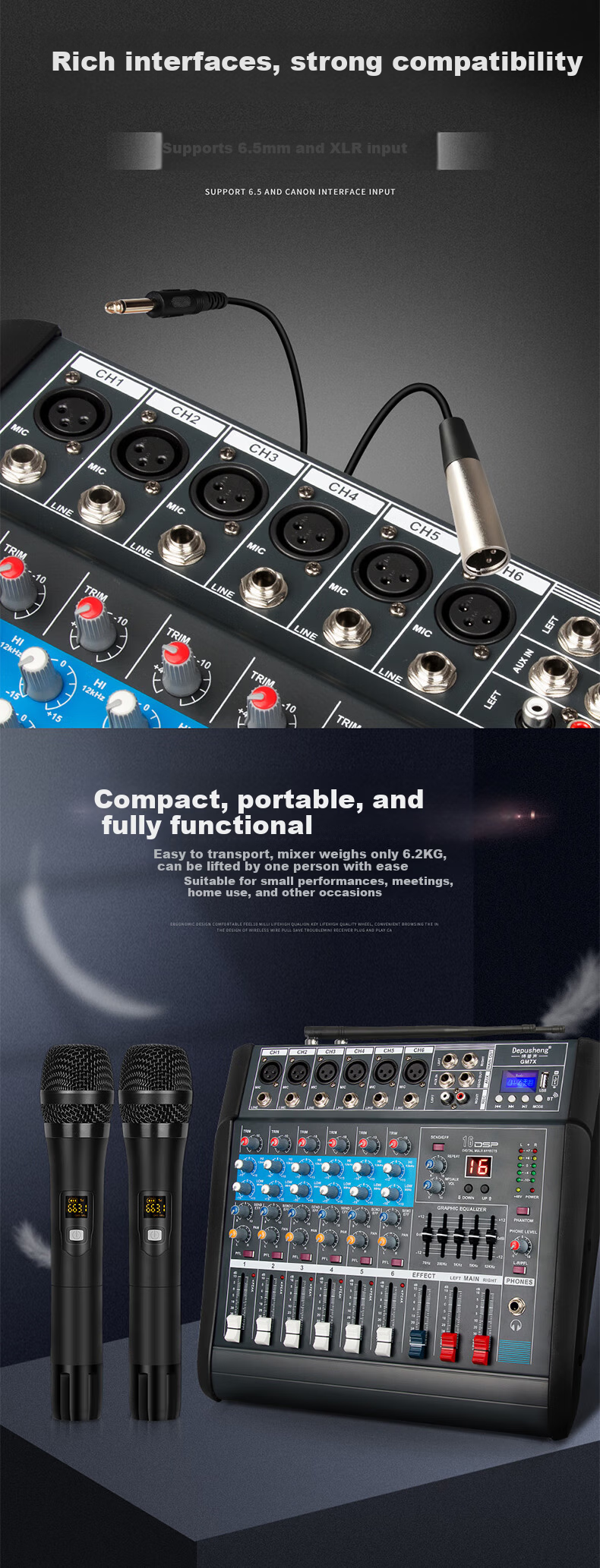 Depusheng GM7X Professional Mixer Amplifier Integrated 6-Channel with Dual Wireless Microphones High-Power Stage Home Karaoke Conference 16 Reverb Effects USB Bluetooth Playback 350W*2 5
