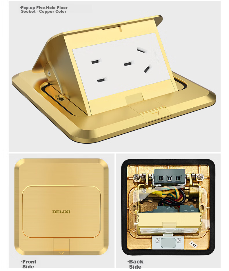 DELIXI Silver Five-Hole Copper Ground Floor Socket with Flip Waterproof Cover and Concealed Box DCT-F120/FYZS 20