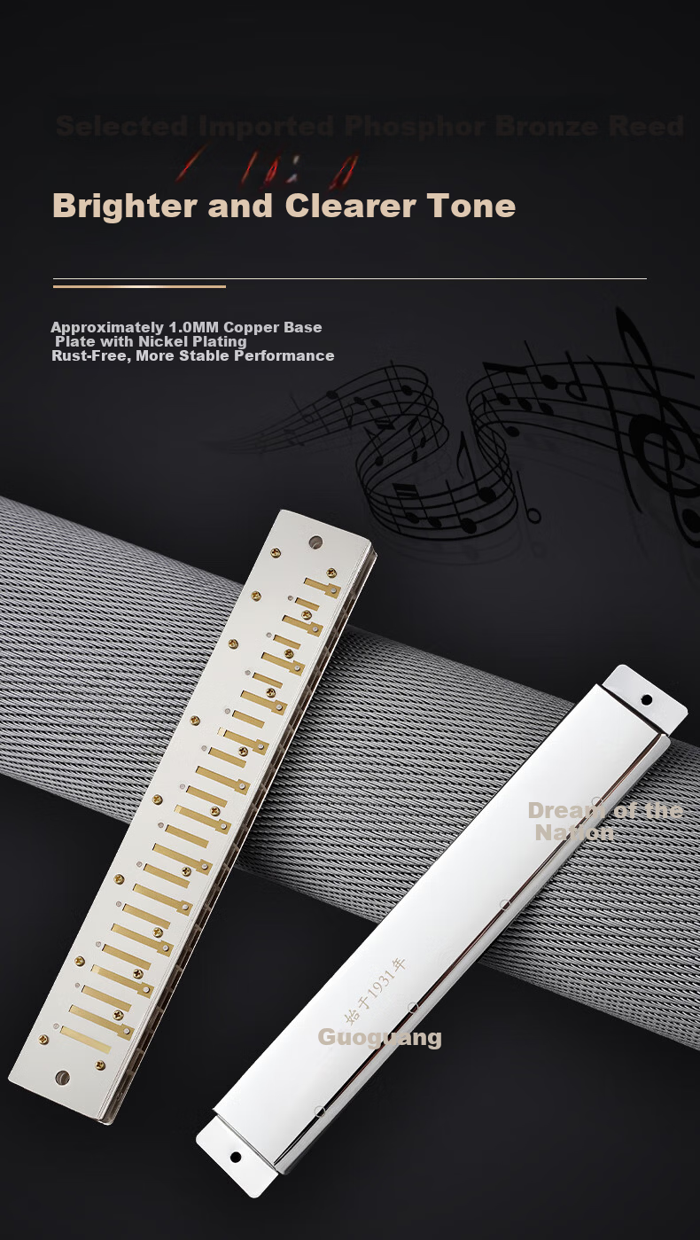 Guoguang 24-Hole National Dream Competition-Level Advanced C Key Silver Harmonica (Transparent Reed Plates, with Teaching Materials) 6
