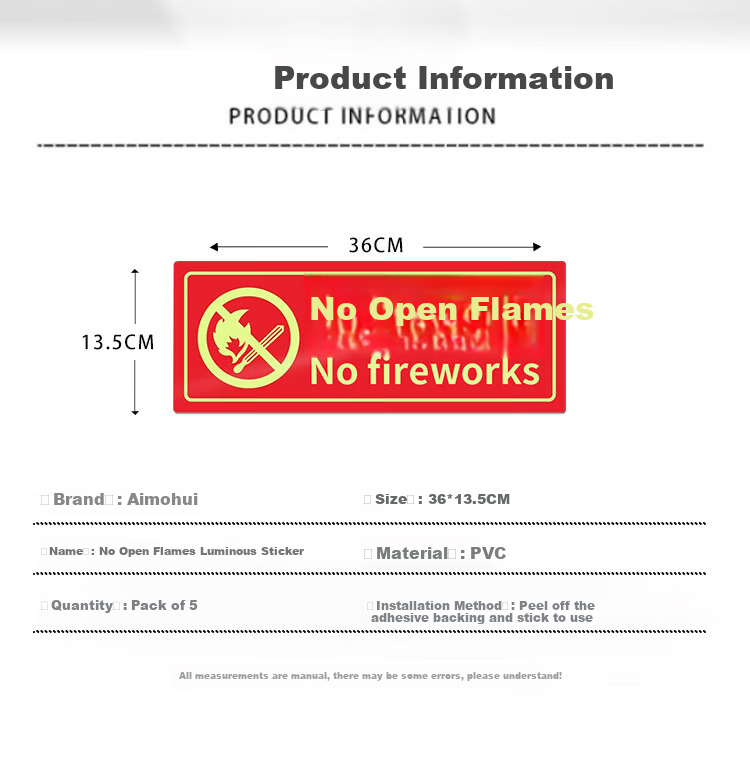 Aimo Glow-in-the-Dark No Fire Safety Warning Sign PVC Foam Self-Adhesive 36x13.5cm 5-Pack 2