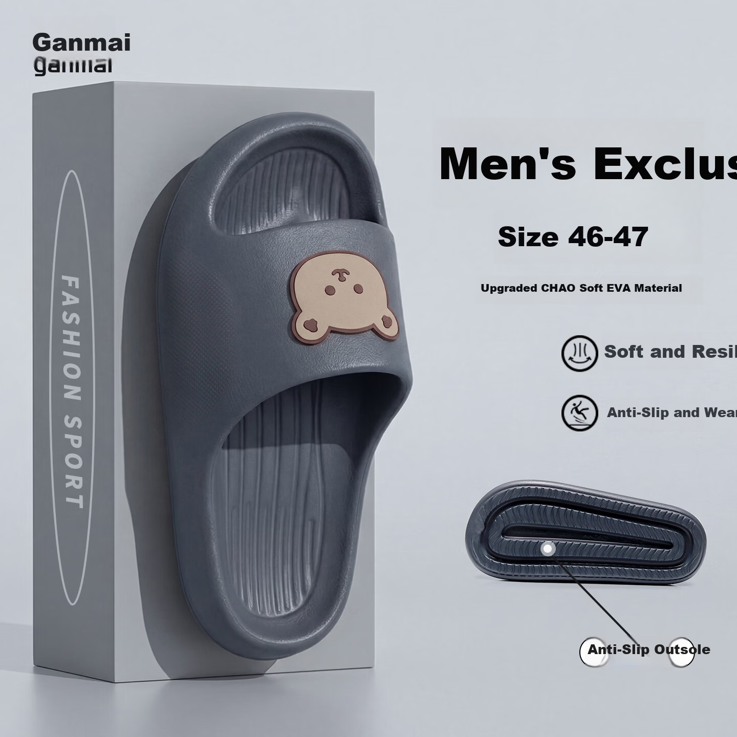 Genmai Men's Plus Size Slippers 4647 Summer Indoor Home Extra Wide Non-Slip Sandals Gray Size 46-47