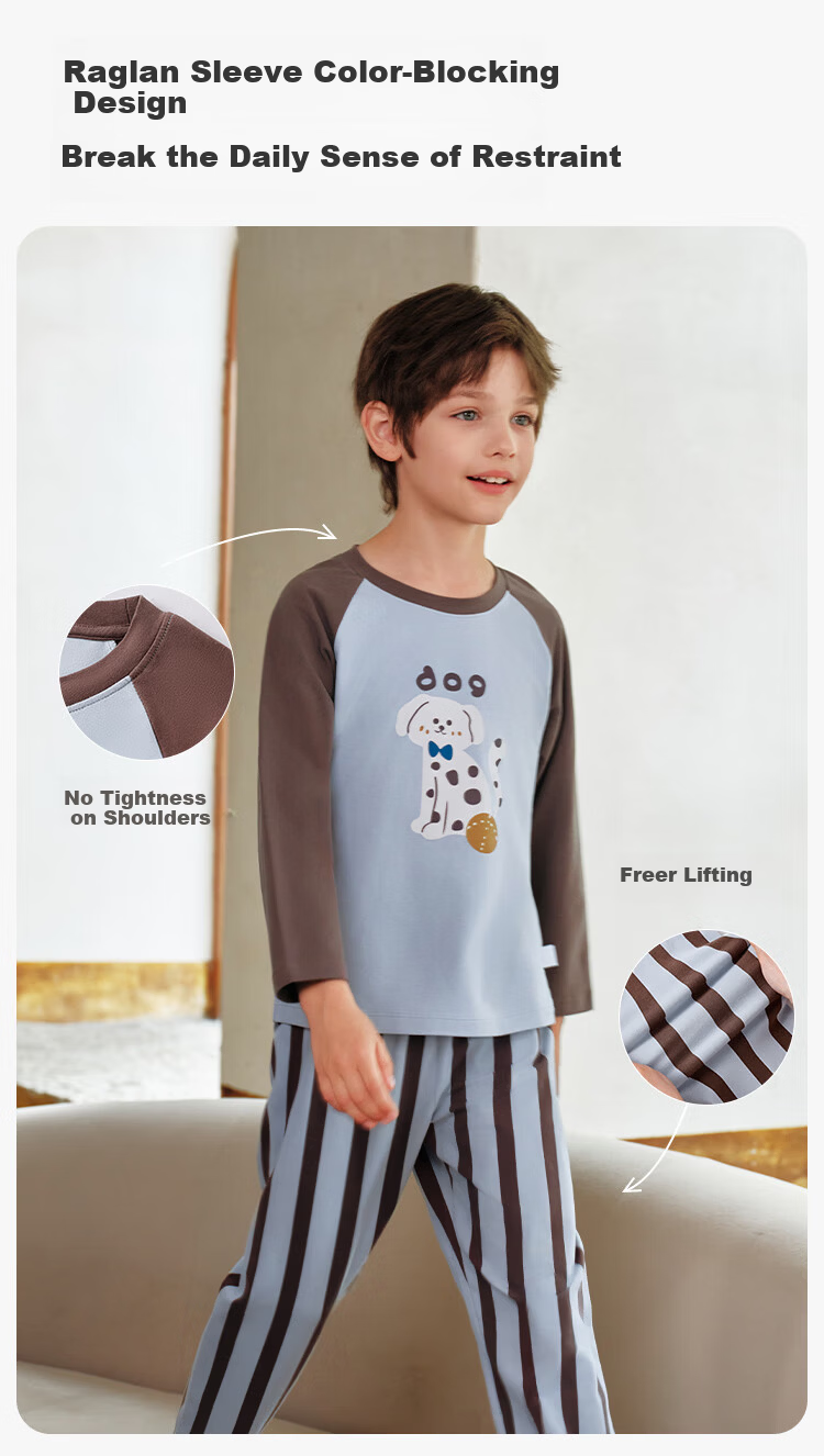 YEEHOO New 95% Cotton Class A Children's Pajamas Exclusive Design Boys' Pajamas 7A Antibacterial Large Kids Homewear Set 2