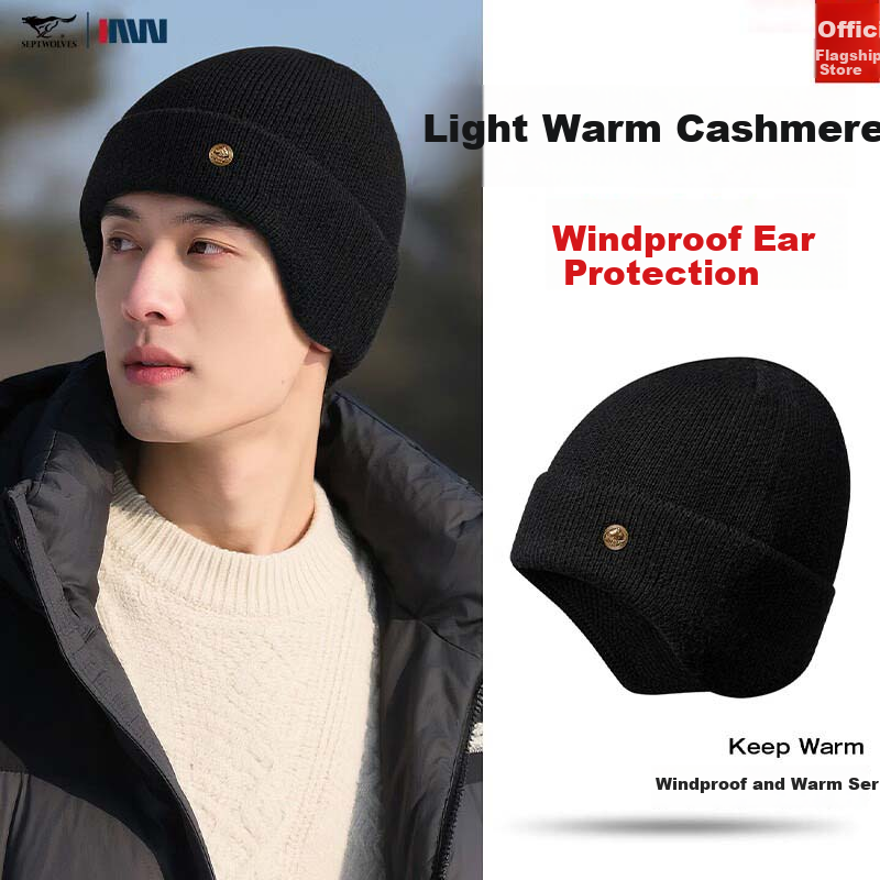 SEPTWOLVES Winter Men's Wool Knit Hat with Ear Flaps Warm Cycling Beanie Gift for Dad Birthday