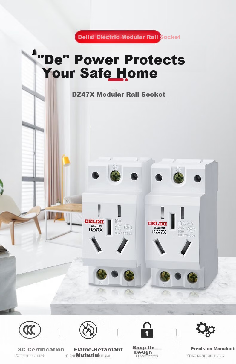 Delixi Electric DIN Rail Socket Five-Hole 10A Modular Socket DZ47X510 Rail-Mounted Distribution Box Socket Multimedia Box Construction Site Socket 1